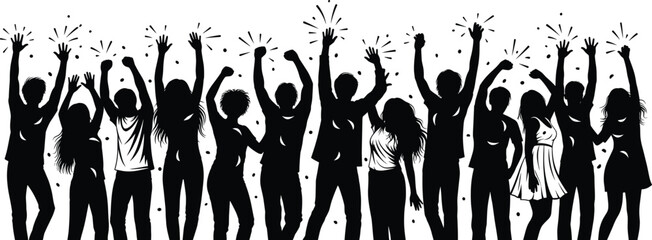 Silhouette Crowd of Twelve Diverse People with Raised Hands and Confetti Celebrating at Party or Public Event