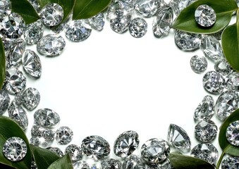 Sparkly diamonds encircle an empty white space, dotted with green leaves. Shiny facets glint. Ideal for text or design