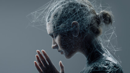 Contemplative person enveloped in network of digital lines symbolizes intersection of technology and human thought, evoking themes of mental health and innovation