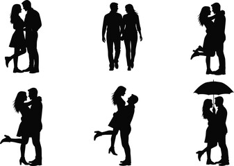 Romantic couple silhouette vector set featuring affectionate poses including hugging, walking, kissing, and umbrella scene in black-and-white design