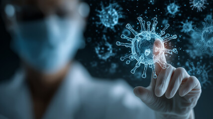 Scientist in protective gear interacts with digital representation of virus, symbolizing innovation in pandemic preparedness and biotech research