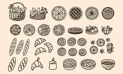 Collection of hand drawn bakery and food doodles. Includes bread, croissants, pies, pizzas, fruit baskets, rolls, bowls, and desserts for cafe and restaurant design