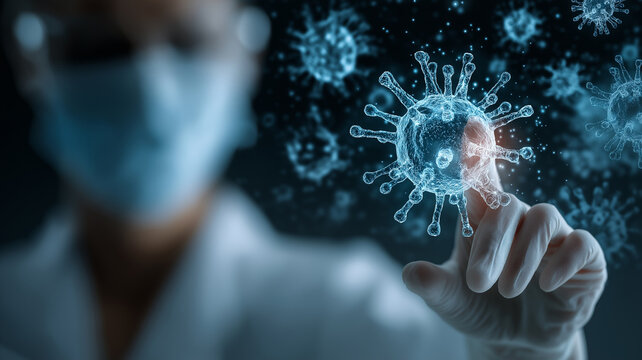 Scientist in protective gear interacts with digital representation of virus, symbolizing innovation in pandemic preparedness and biotech research - Powered by Adobe