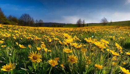 Fototapeta premium Bright Yellow Wildflowers Blooming Abundantly In A Lush Green Field During The Spring Season