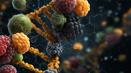 Colorful representation of DNA strand intertwined with various molecular structures, symbolizing intersection of genetics and personalized nutrition science. image conveys sense of innovation