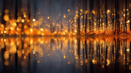 A blurred forest scene reflecting in dark water, with sparkling, warm-toned bokeh lights scattered throughout the trees creating a magical ambiance