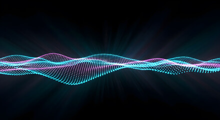 Abstract glowing digital sound wave with blue and pink particles on black background