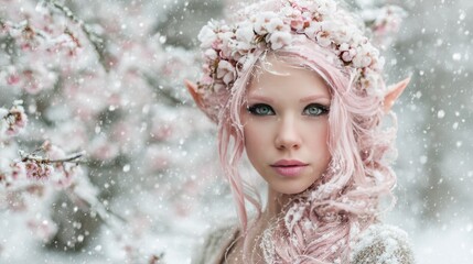 A fairytale portrait of a girl with pointy ears, light pink hair, and a flower crown under snowfall, soft focus background