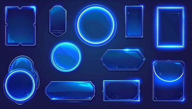 Collection of futuristic neon frames and borders with glowing blue light effects on a dark background, perfect for digital design and technology themes