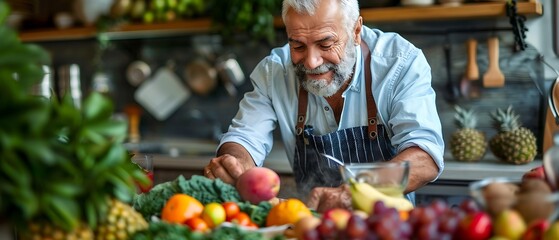 Senior man preparing fruit salad.