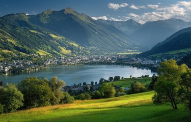 Scenic view of lake nestled amid lush green hills and towering mountains under a bright, partly cloudy sky