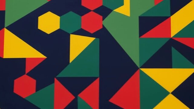 Abstract geometric pattern featuring colorful triangles, hexagons, and quadrilaterals on a dark blue background, creating a modern design.