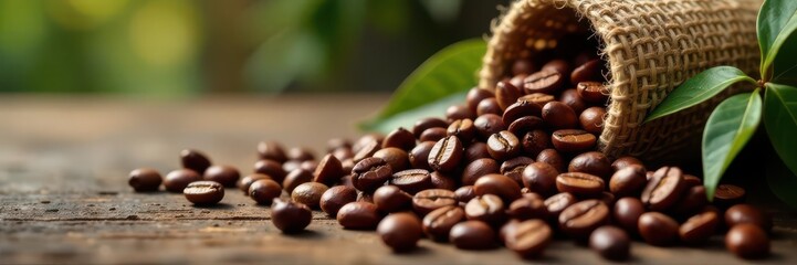Coffee beans cascade from burlap onto weathered wood; lush coffee plant in soft focus, beverage, morning