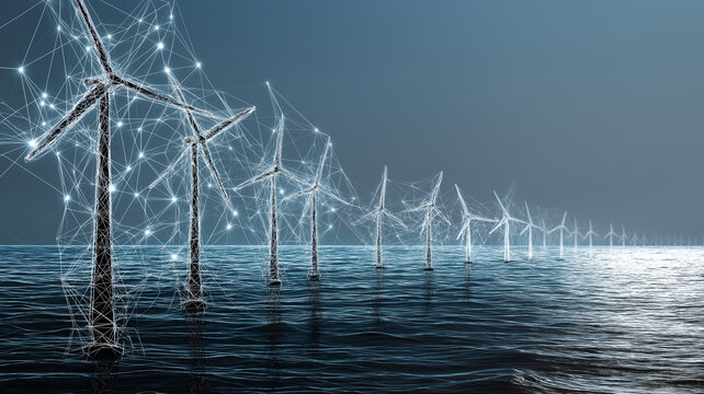 Row of offshore wind turbines stands in ocean, connected by digital network, symbolizing renewable energy and modern grid technology. scene is serene and futuristic - Powered by Adobe