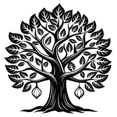 Obraz premium Stylized Silhouette of a Lush Tree with Intricate Branches, Leaves, and Fruit Pods, Evoking Growth and Abundance