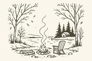 Autumn lakeside campfire scene vintage sketch vector illustration