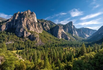 Fototapeta premium A scenic view showcases a lush valley filled with trees, framed by massive rock formations under a vibrant blue sky dotted with whispy clouds