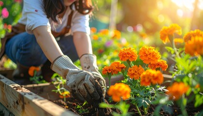 Naklejka premium Gardener planting flowers in a sunny garden bed with marigolds in full bloom during golden hour, warm light filtering through the foliage