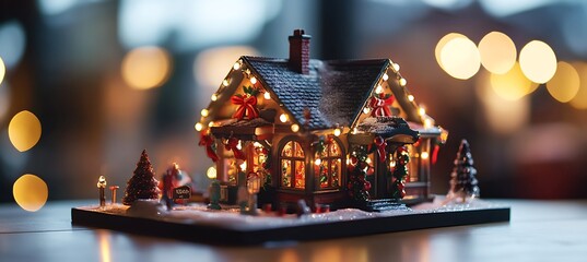 A miniature christmas house is adorned with lights, creating a warm and inviting glow, perfect for a festive holiday display