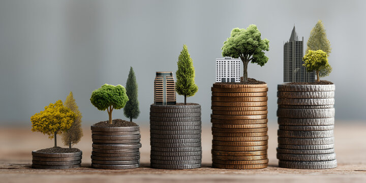 Stacks of coins with trees and buildings top symbolize sustainable investment growth and urban development. image creatively blends nature with finance, highlighting eco friendly economic progress