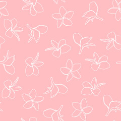 Fototapeta premium Plumeria line silhouettes seamless pattern. Vector cute white tropical Hawaiian flower print on pink background. Summer outline texture for wrapping, fabric, beach party decor, textile, fashion.