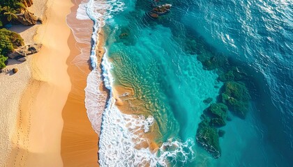 Breathtaking aerial view of a vibrant tropical coastline where golden sand curves gently beside the crystal-clear turquoise ocean, with foamy white waves gracefully embracing the shore