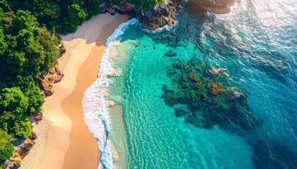 Aerial View of Secluded Tropical Beach with Crystal-Clear Turquoise Waters