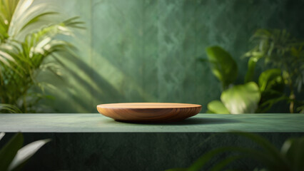 Product display stand, wooden platform, natural showcase, eco style, green background, presentation surface, botanical interior, sustainable decor, minimal composition, soft lighting