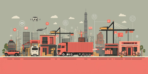 Bustling cityscape illustration showcases vibrant logistics hub with trucks, drones, and cranes efficiently managing cargo. scene highlights modern transportation and e commerce dynamics