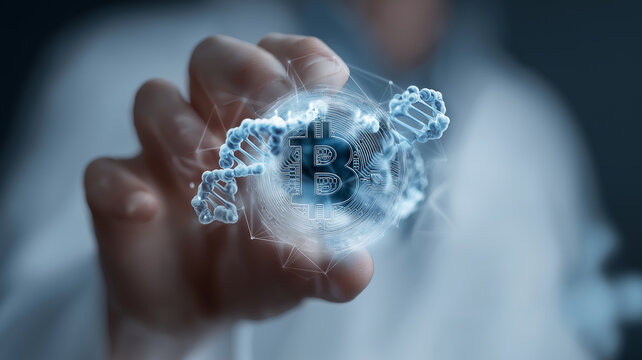 Person in lab coat holds digital representation of Bitcoin symbol intertwined with DNA strands, symbolizing intersection of blockchain technology and biotechnology - Powered by Adobe