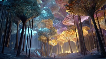 Mystical forest scene with colorful trees enchanted landscape digital art nighttime fantasy concept