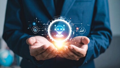 Innovative AI chatbot technology concept with digital intelligence interface and artificial intelligence network glowing in hands