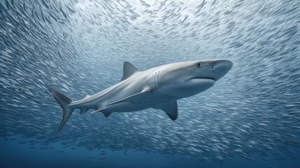 Fototapeta premium Majestic Shark Swimming Through a School of Fish in Clear Ocean Waters with Dynamic Light and Textures Creating a Stunning Underwater Scene