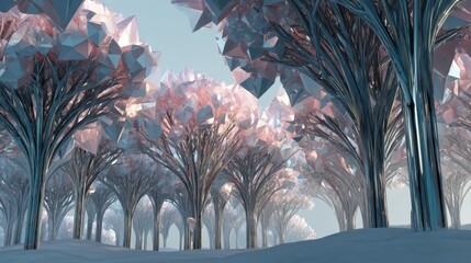 Surreal landscape of crystal trees enchanted forest digital art fantasy world bird's eye view nature's beauty