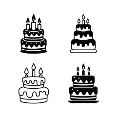 Four different birthday cake icons in black and white