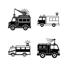 Four fire truck illustrations in black and white style