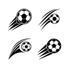 Four soccer balls with motion lines in black and white