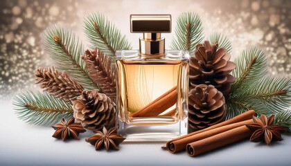Aromatic Winter Fragrance Festive Perfume Bottle Surrounded By Cinnamon Sticks Pine Cones And Evergreen Branches