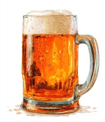A realistic illustration of a glass mug filled with amber-colored beer and a foamy white head. The mug has a handle and condensation droplets