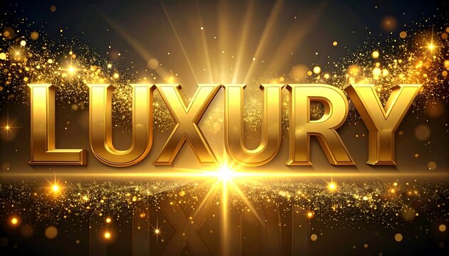 Golden luxury text on a dark background with glitter and light effects