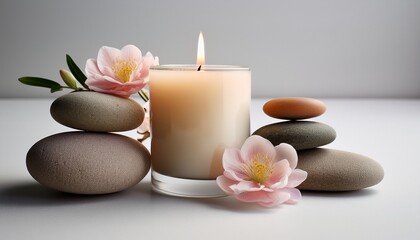 Aromatherapy Candle With Stones And Flowers In Minimalist Style