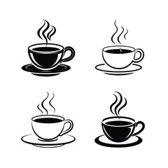 Four cups of coffee with steam in black and white