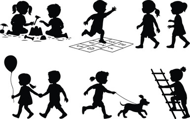 Flat vector illustration of children playing, walking, climbing, holding balloon, outdoor activities, fun, cute kids silhouettes for design use.