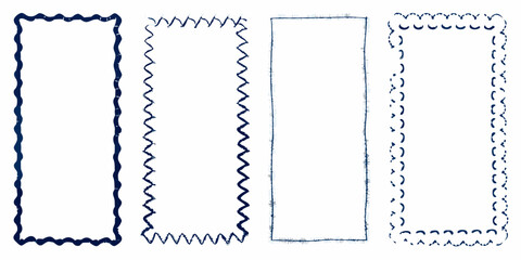 Four hand drawn decorative rectangular borders with unique wavy zigzag and scalloped edges in blue ink