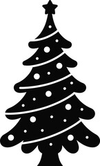 Flat vector illustration of Christmas tree silhouette with star topper, decorated pine tree icon, festive holiday symbol, winter celebration design, black and white art
