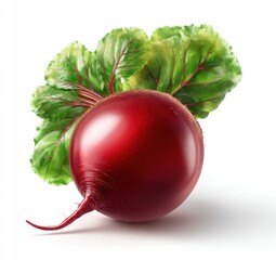 A vibrant, smooth beetroot with attached green, veined leaves against a crisp white backdrop, showcasing its natural beauty and fresh appeal