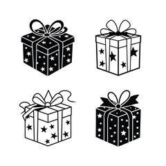 Four gift boxes with stars and bows in black and white