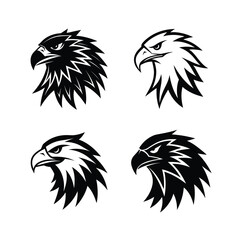 Four eagle head illustrations in black and white