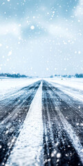 Snowfall covering an endless road in winter wonderland creating a serene, chilled atmosphere with falling flakes and overcast skies