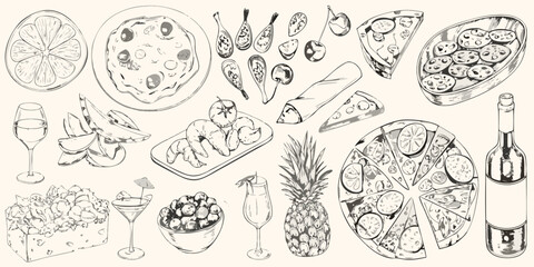 Collection of hand drawn food and drink items including pizza shrimp fruit and wine